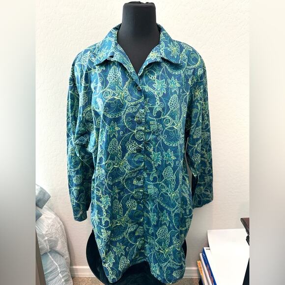 PERUVIAN CONNECTION Teal Floral Pima Cotton Shirt Button Down Top | Size Medium - Picture 2 of 7